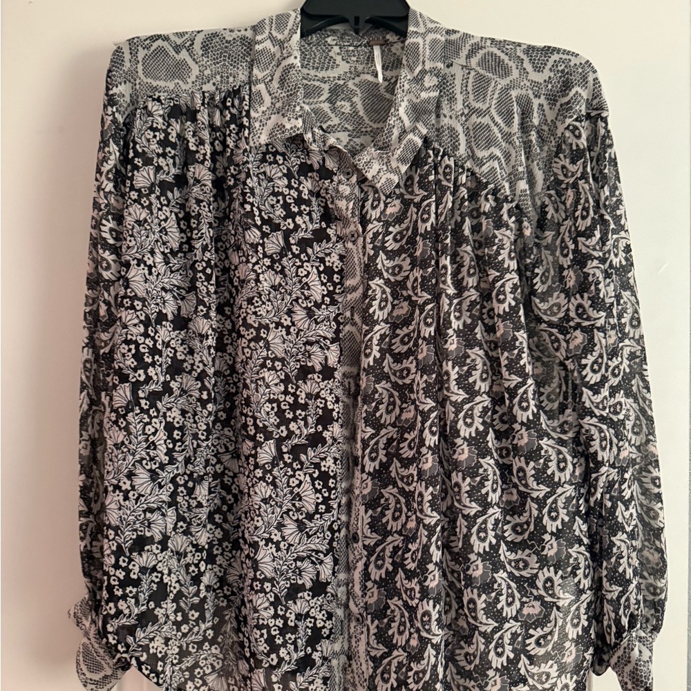 Free People Black and White Floral Blouse